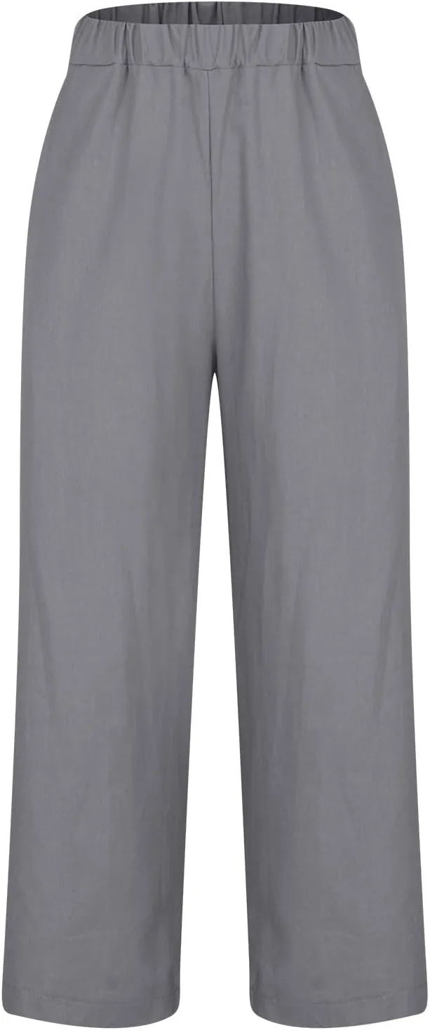 Womens Linen Pants with Pockets Casual Ankle Pant High Waist Comfy Lightweight Loose Trousers Beach Cropped Pants