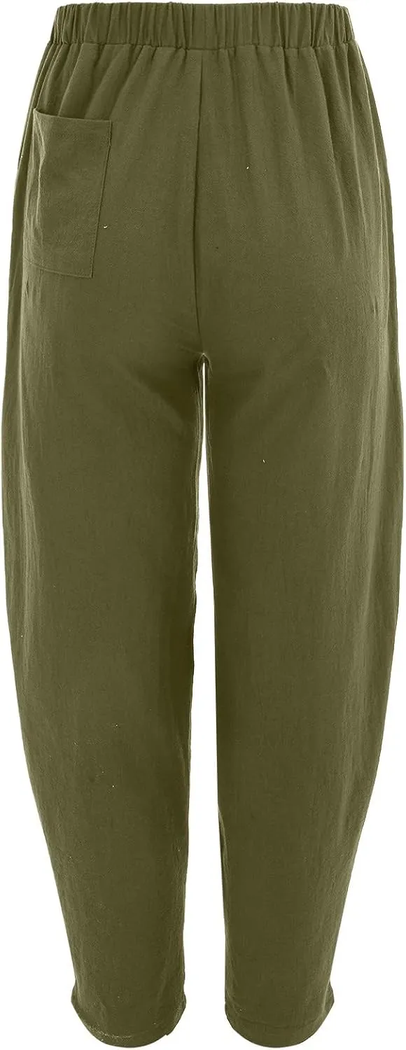 Women's Linen Summer Striped Pants Elastic Waisted Long Lounge Loose Fit Palazzo Lounge Pants Vacation