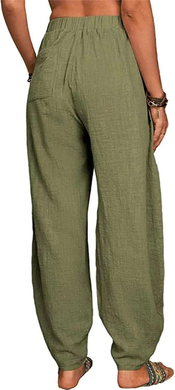 Women's Linen Summer Striped Pants Elastic Waisted Long Lounge Loose Fit Palazzo Lounge Pants Vacation