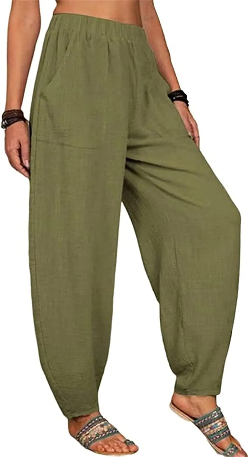 Women's Linen Summer Striped Pants Elastic Waisted Long Lounge Loose Fit Palazzo Lounge Pants Vacation