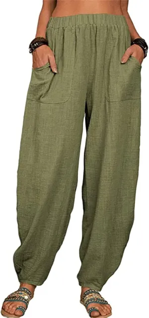 Women's Linen Summer Striped Pants Elastic Waisted Long Lounge Loose Fit Palazzo Lounge Pants Vacation