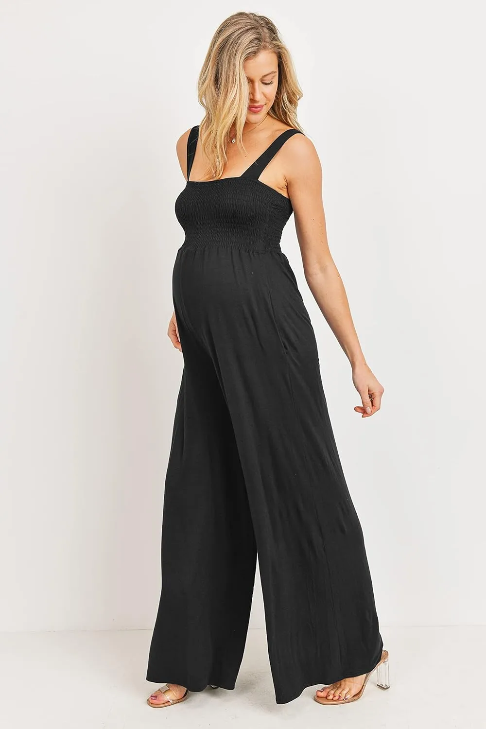 Women's Maternity Sleeveless Jumpsuit Romper with Smocked neck and pockets