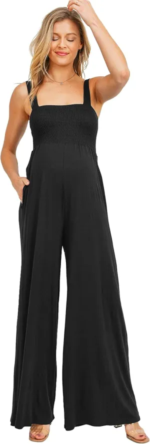 Women's Maternity Sleeveless Jumpsuit Romper with Smocked neck and pockets