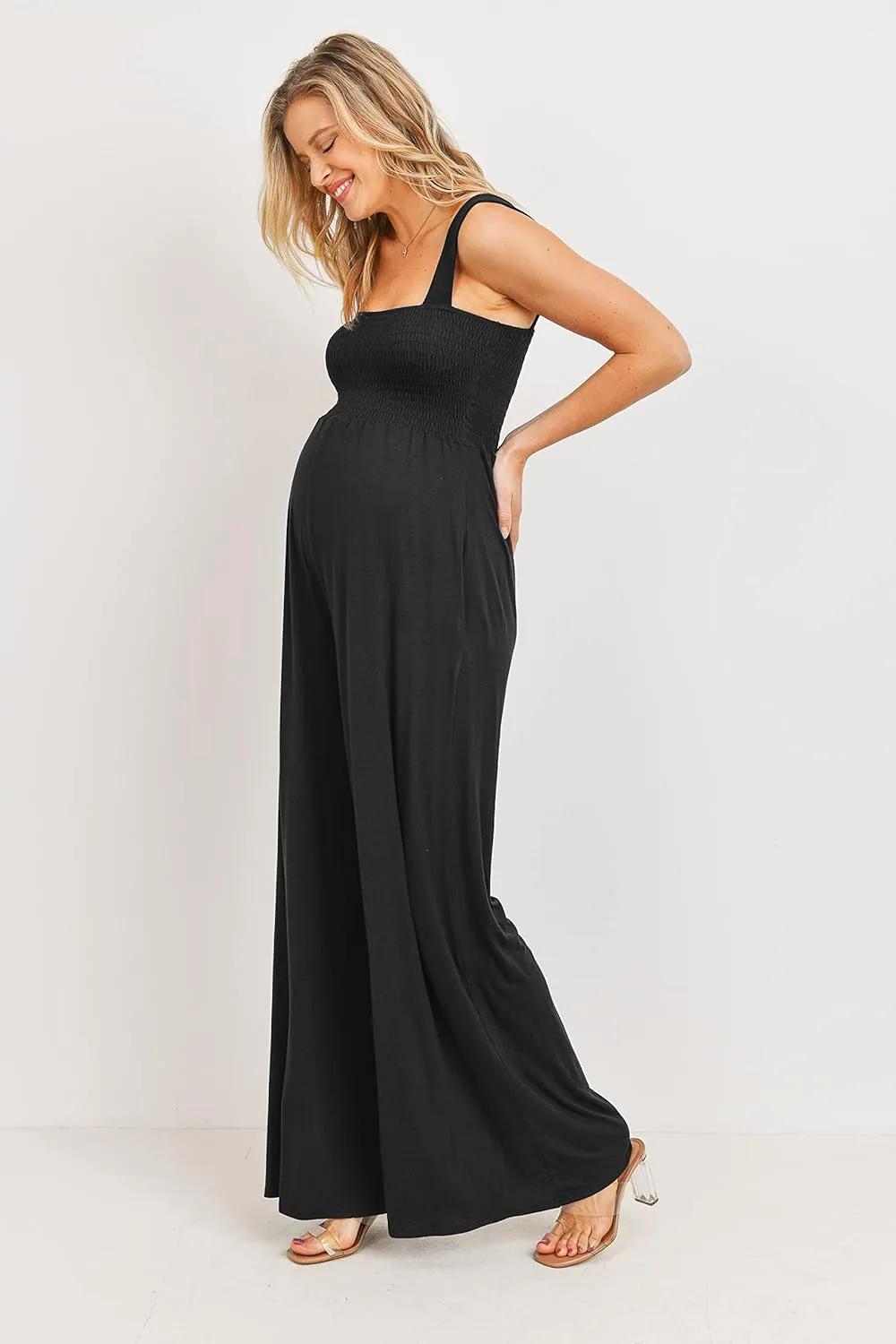 Women's Maternity Sleeveless Jumpsuit Romper with Smocked neck and pockets