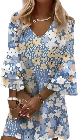 Women's Mini Dress Blue Floral Print V-Neck 3/4 Bell Sleeve Layered Sweet Elegant 2025 Spring Summer Beach Sundress