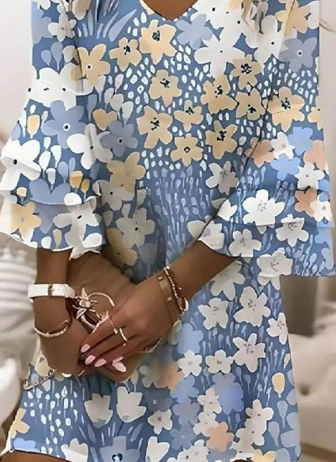 Women's Mini Dress Blue Floral Print V-Neck 3/4 Bell Sleeve Layered Sweet Elegant 2025 Spring Summer Beach Sundress