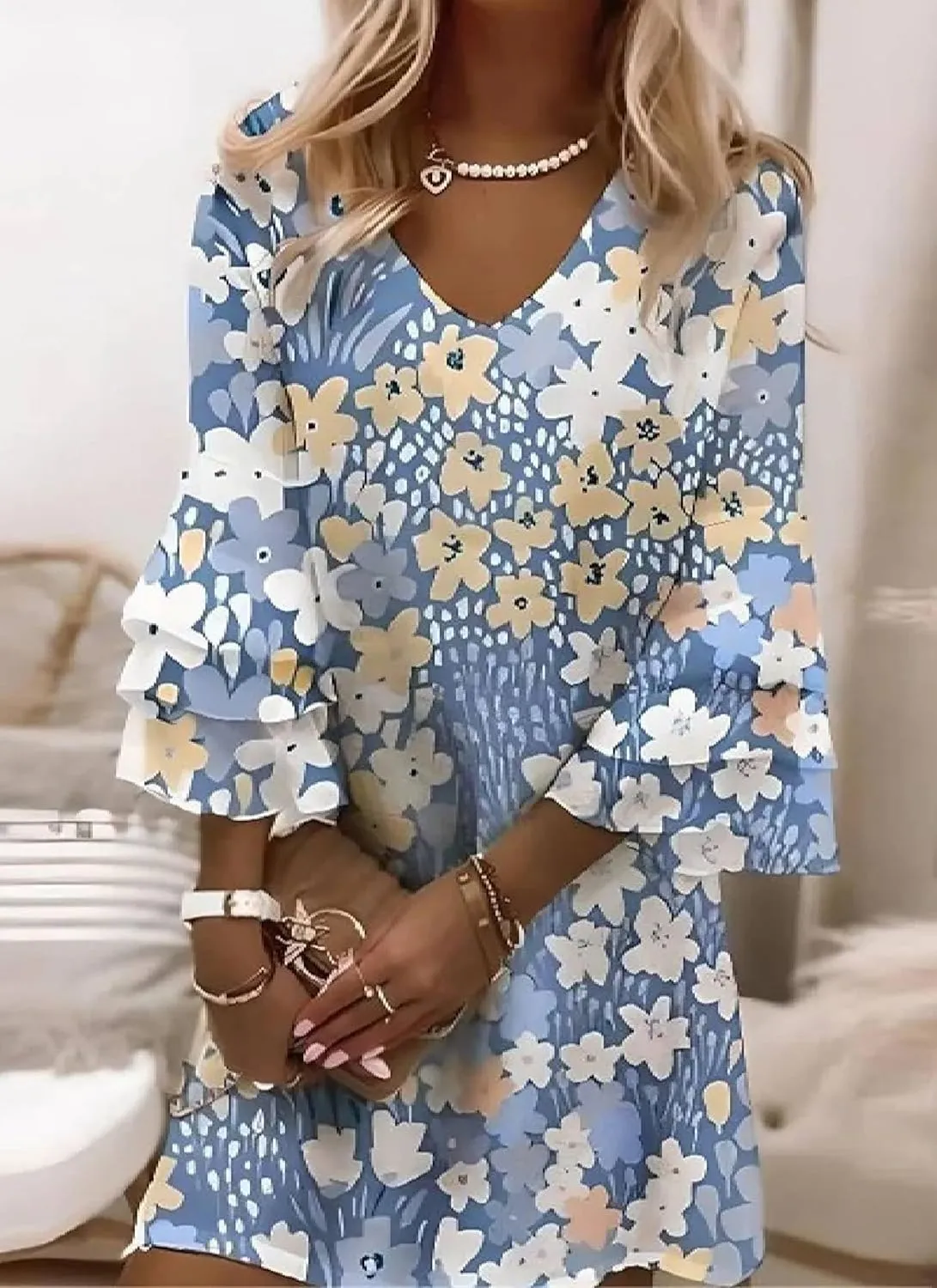 Women's Mini Dress Blue Floral Print V-Neck 3/4 Bell Sleeve Layered Sweet Elegant 2025 Spring Summer Beach Sundress