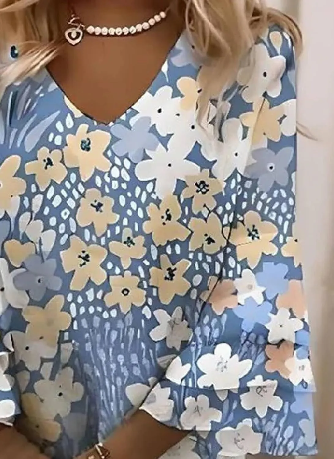 Women's Mini Dress Blue Floral Print V-Neck 3/4 Bell Sleeve Layered Sweet Elegant 2025 Spring Summer Beach Sundress