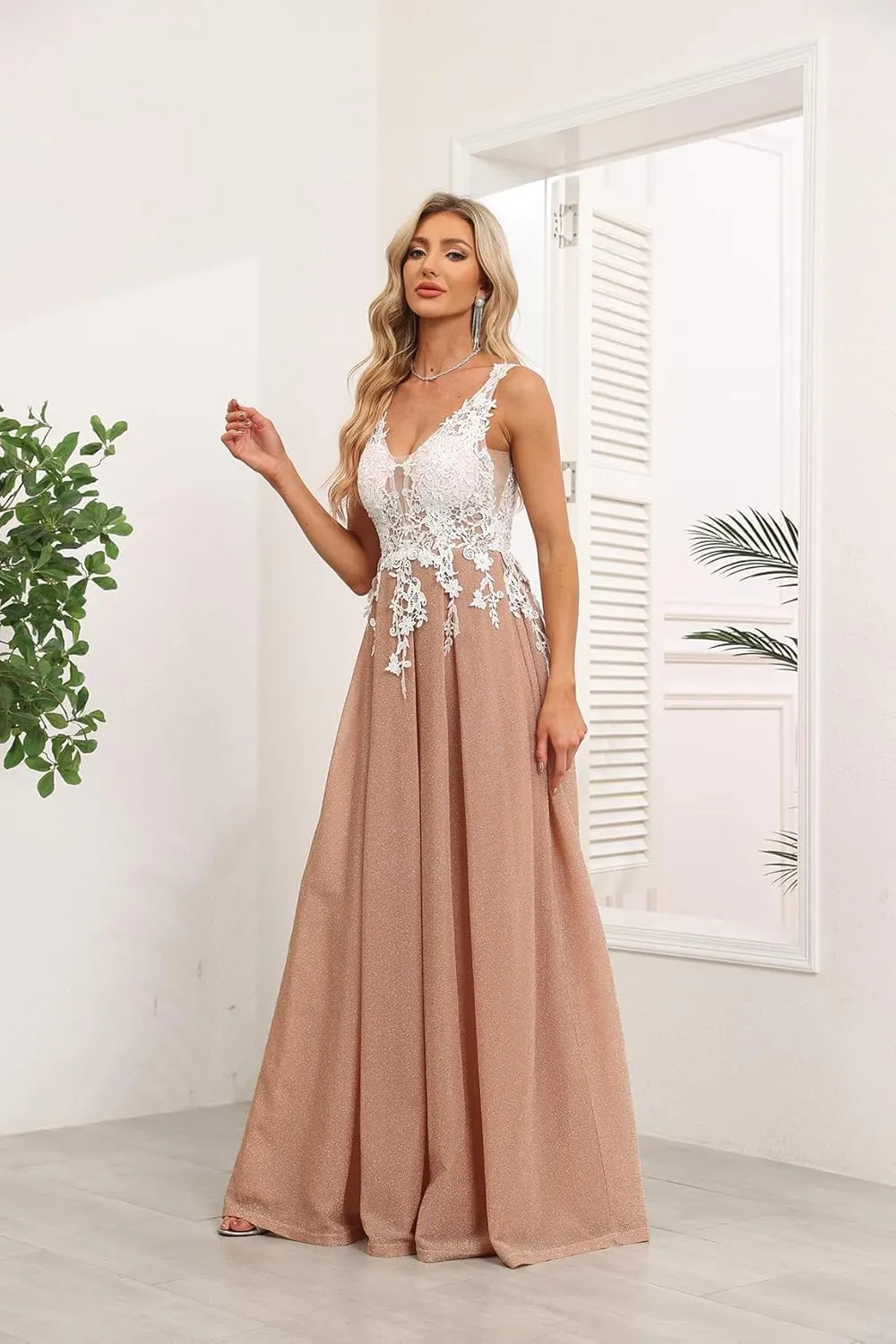 Women's Off Shoulder Prom Dresses Glitter Long Formal Dresses Lace Appliques Tulle V Neck Evening Party Ball Gown MRX44