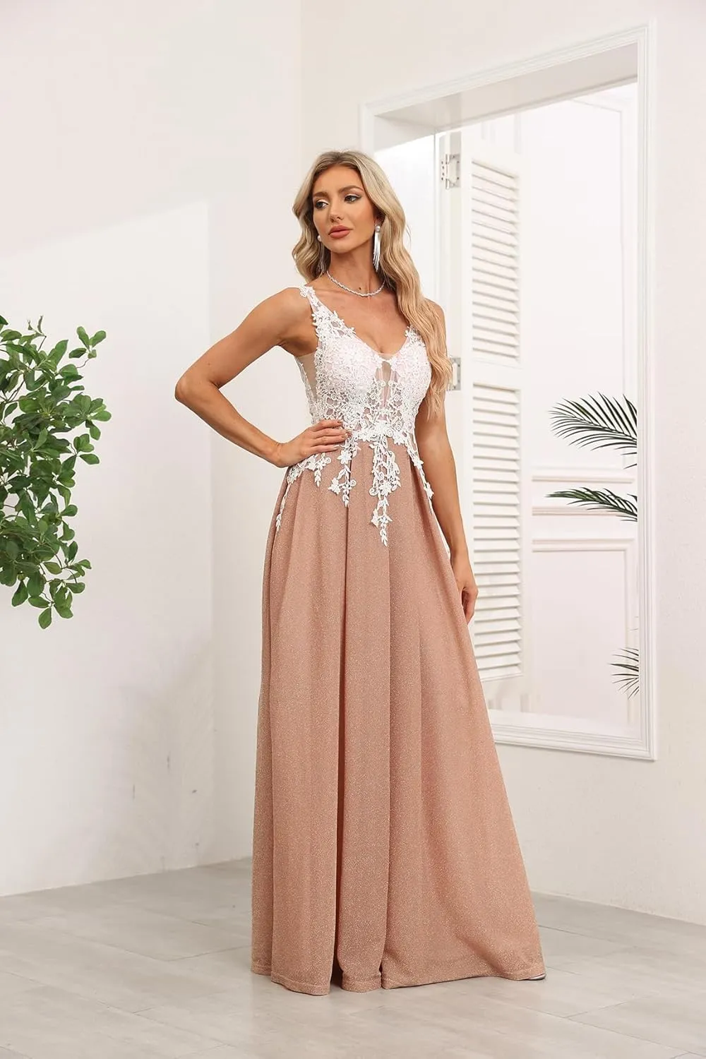 Women's Off Shoulder Prom Dresses Glitter Long Formal Dresses Lace Appliques Tulle V Neck Evening Party Ball Gown MRX44