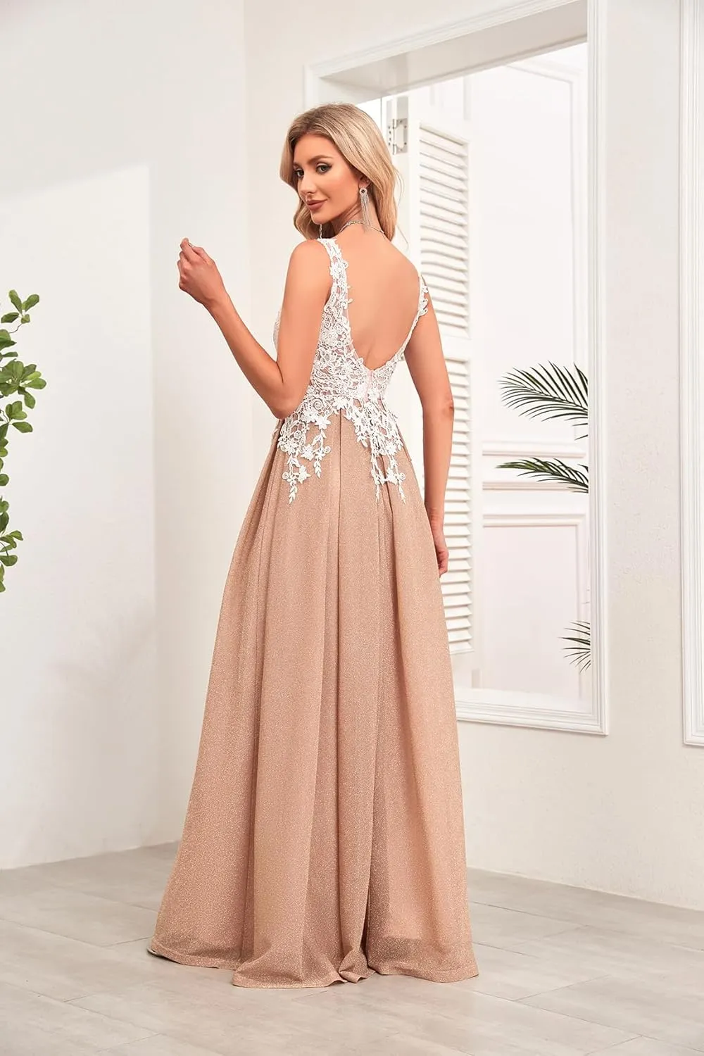 Women's Off Shoulder Prom Dresses Glitter Long Formal Dresses Lace Appliques Tulle V Neck Evening Party Ball Gown MRX44