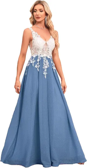 Women's Off Shoulder Prom Dresses Glitter Long Formal Dresses Lace Appliques Tulle V Neck Evening Party Ball Gown MRX44