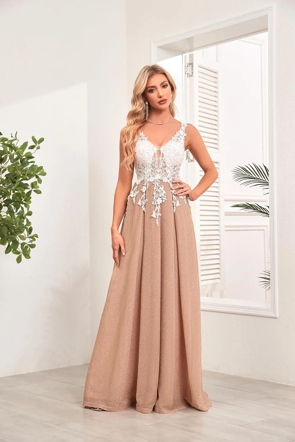 Women's Off Shoulder Prom Dresses Glitter Long Formal Dresses Lace Appliques Tulle V Neck Evening Party Ball Gown MRX44