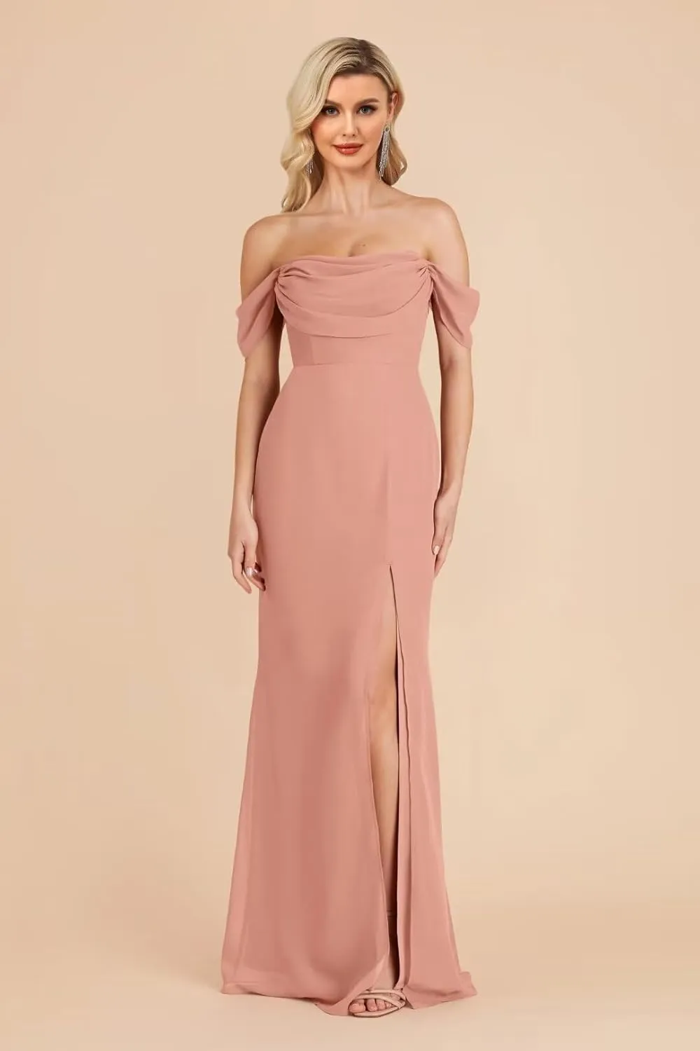 Women's Off The Shoulder Bridesmaid Dresses Side Split Chiffon Mermaid Long Formal Evening Gown