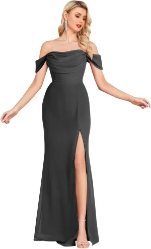 Women's Off The Shoulder Bridesmaid Dresses Side Split Chiffon Mermaid Long Formal Evening Gown