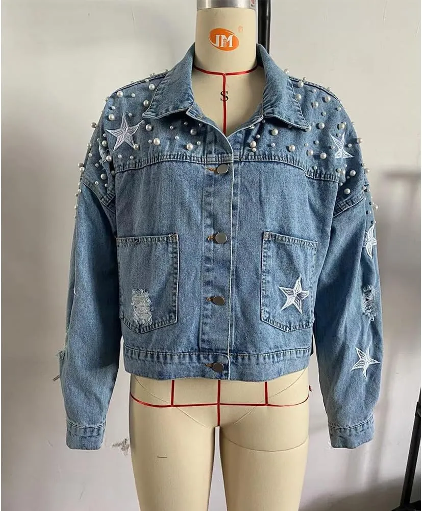 Womens Pearls Beading Embroidered Cropped Jean Jacket Oversized Lapel Long Sleeve Cowgirl Jacket with Pocket