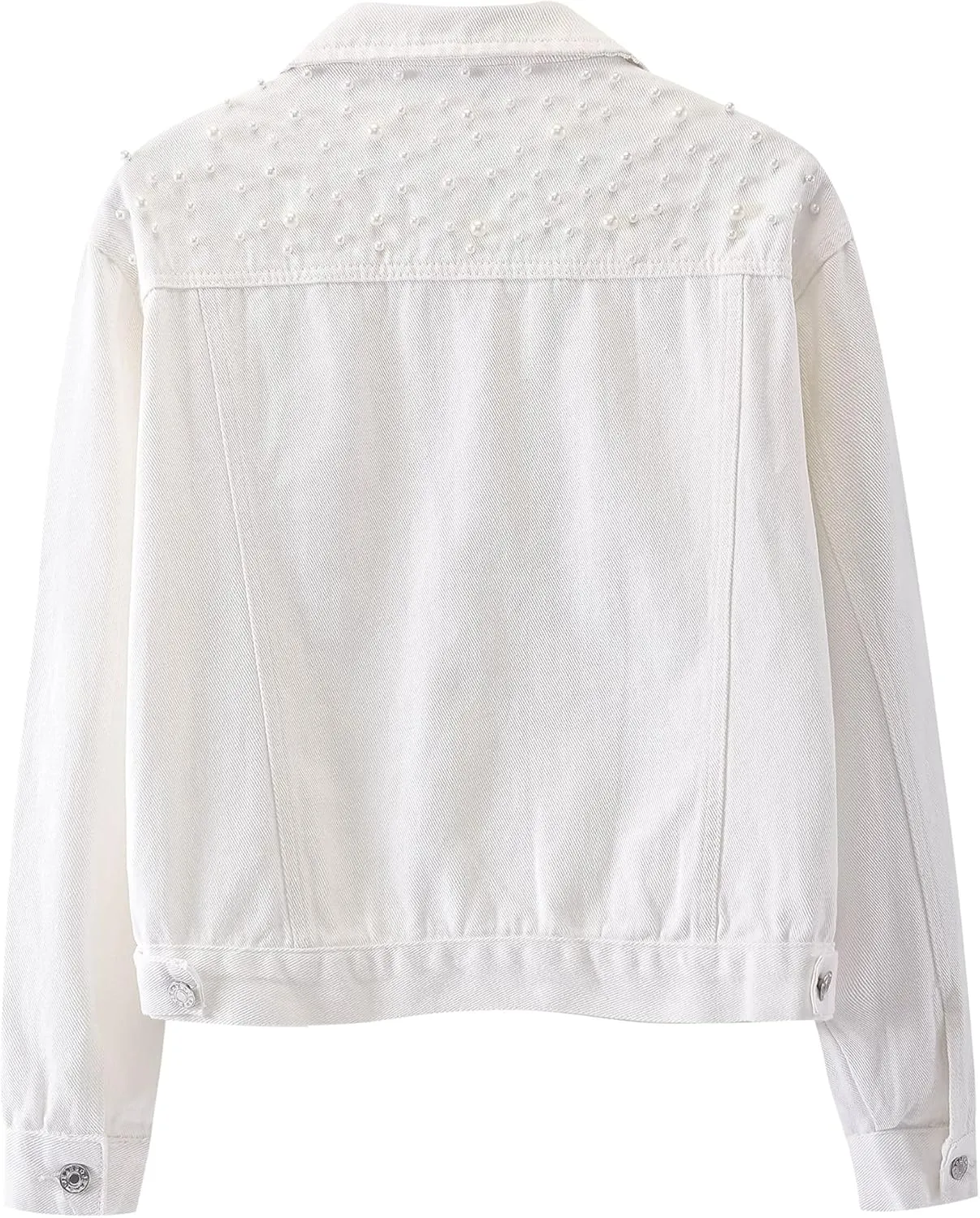 Womens Pearls Beading Embroidered Cropped Jean Jacket Oversized Lapel Long Sleeve Cowgirl Jacket with Pocket