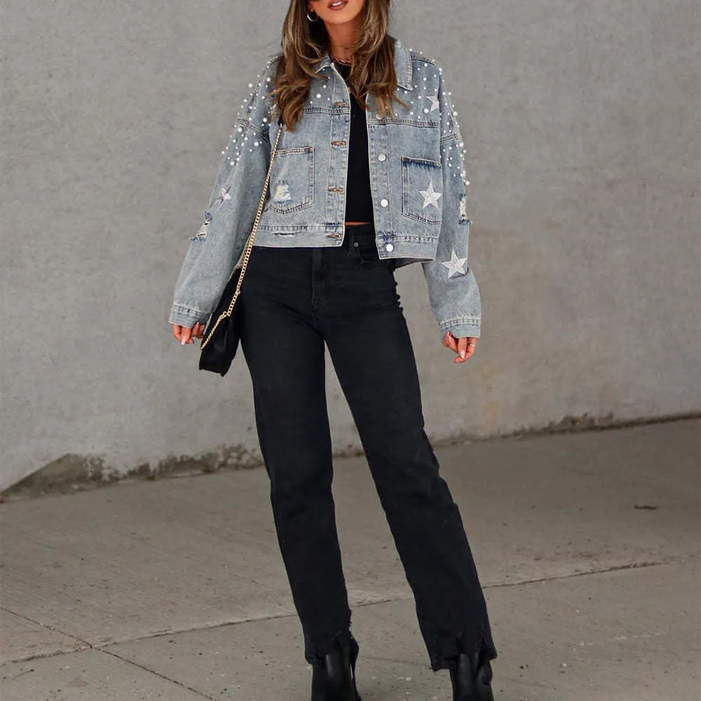 Womens Pearls Beading Embroidered Cropped Jean Jacket Oversized Lapel Long Sleeve Cowgirl Jacket with Pocket