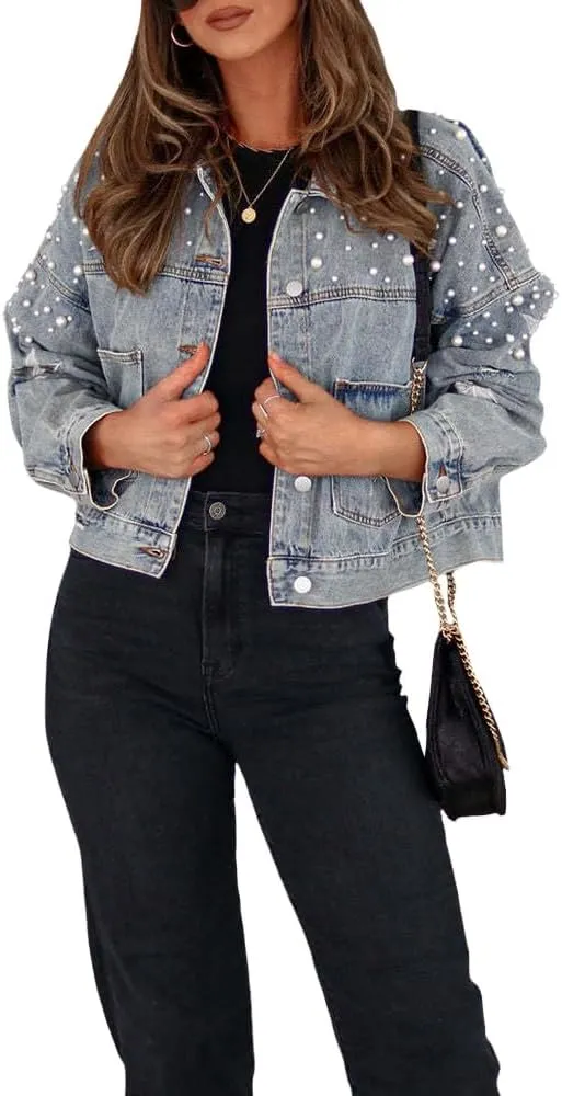 Womens Pearls Beading Embroidered Cropped Jean Jacket Oversized Lapel Long Sleeve Cowgirl Jacket with Pocket