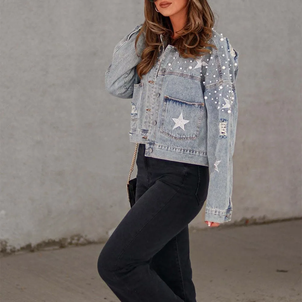 Womens Pearls Beading Embroidered Cropped Jean Jacket Oversized Lapel Long Sleeve Cowgirl Jacket with Pocket