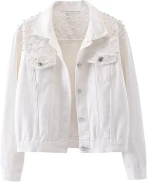 Womens Pearls Beading Embroidered Cropped Jean Jacket Oversized Lapel Long Sleeve Cowgirl Jacket with Pocket