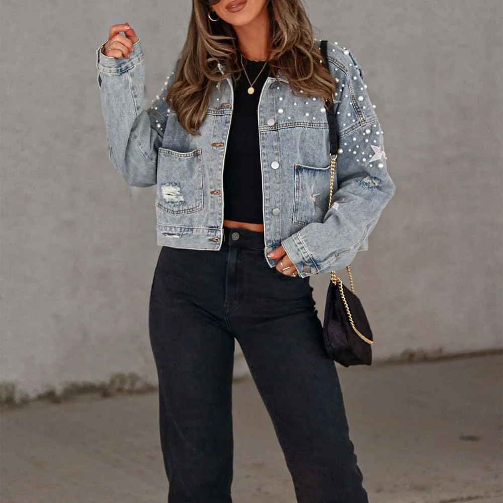 Womens Pearls Beading Embroidered Cropped Jean Jacket Oversized Lapel Long Sleeve Cowgirl Jacket with Pocket