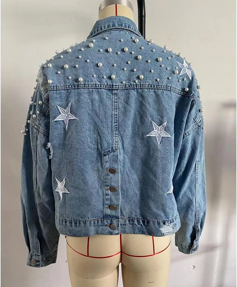 Womens Pearls Beading Embroidered Cropped Jean Jacket Oversized Lapel Long Sleeve Cowgirl Jacket with Pocket