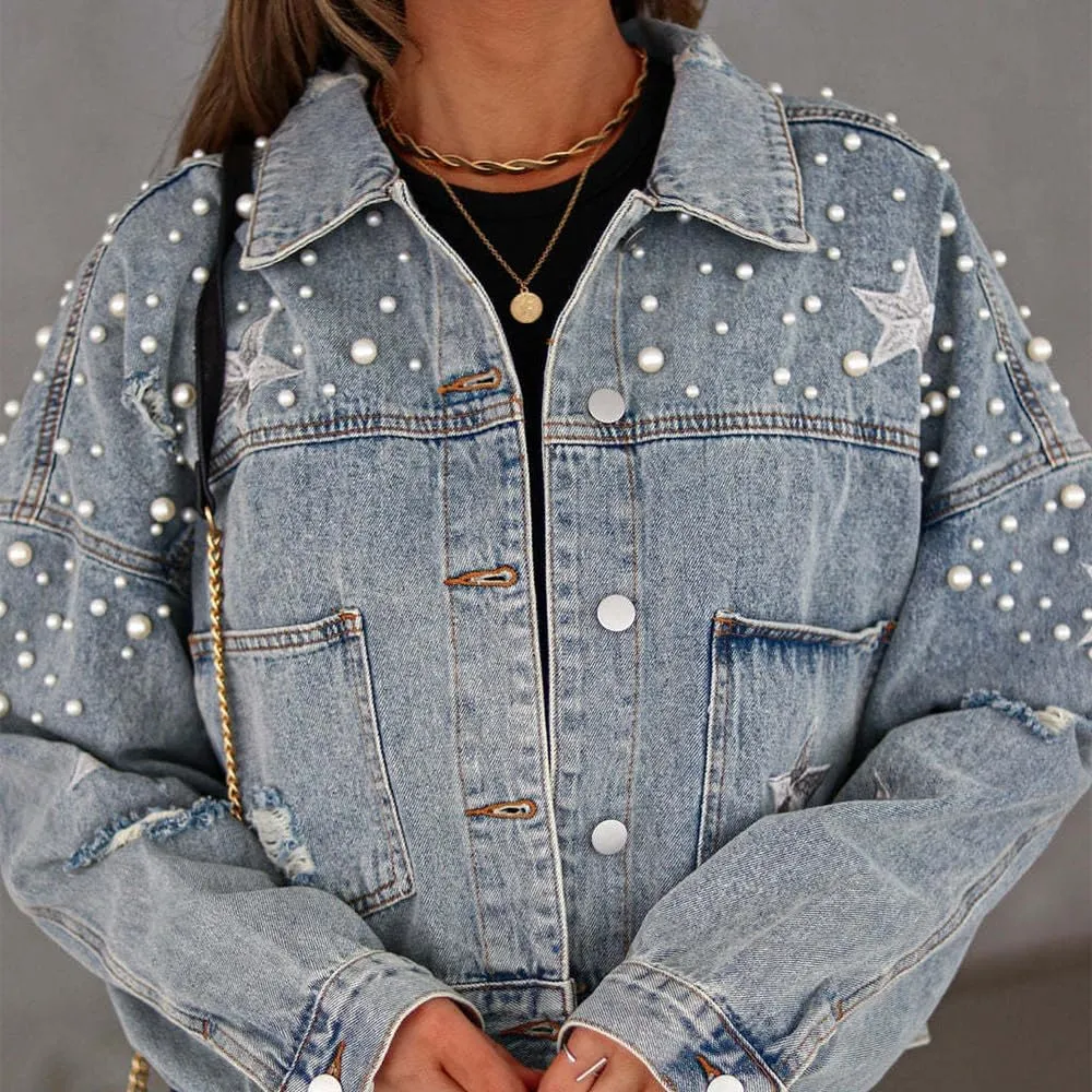 Womens Pearls Beading Embroidered Cropped Jean Jacket Oversized Lapel Long Sleeve Cowgirl Jacket with Pocket