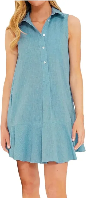 Womens Sleeveless Shirt Dress Lapel Half Nail Buckle Mini Dresses Ruffle Hem Summer Casual Beach Vacation Dress
