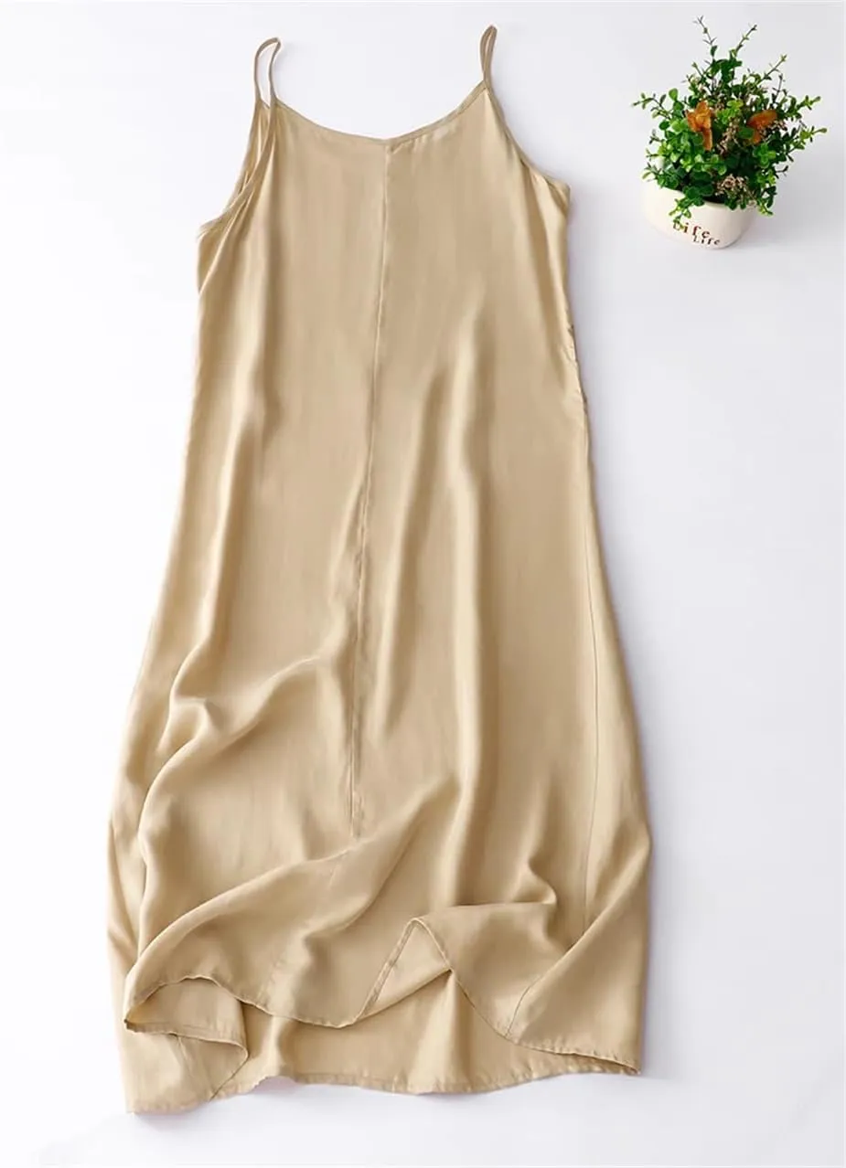 Womens Solid Color Cotton Linen Slip Dress Casual Undershirt Long Dress Spaghetti Strap Dresses
