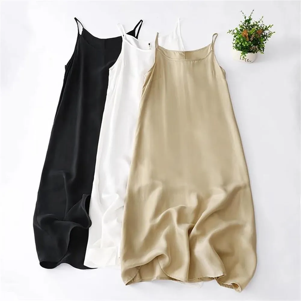 Womens Solid Color Cotton Linen Slip Dress Casual Undershirt Long Dress Spaghetti Strap Dresses