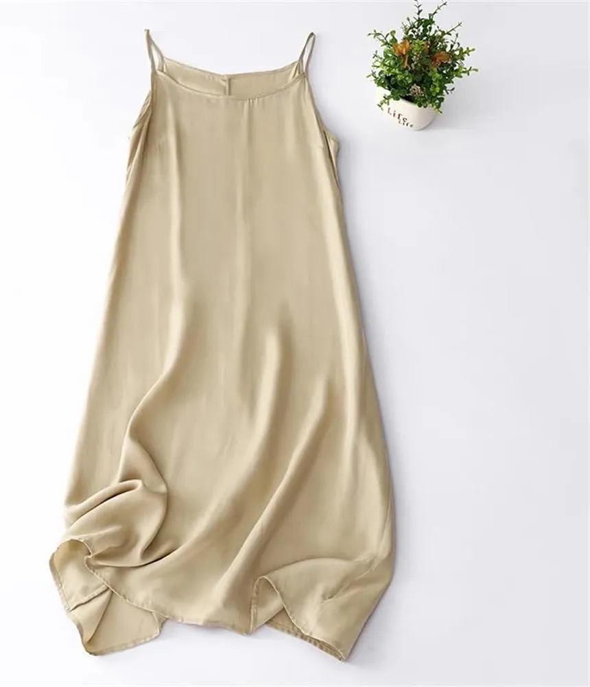 Womens Solid Color Cotton Linen Slip Dress Casual Undershirt Long Dress Spaghetti Strap Dresses