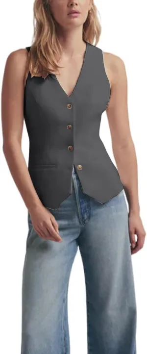 Women's Solid Vest Sleeveless 4 Button V Neck Waistcoat Casual Office Crop Top