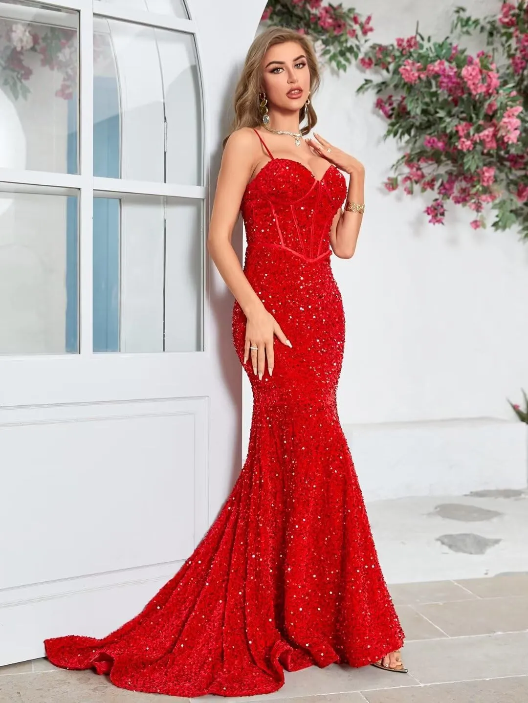 Women's Spaghetti Straps Sequin Corset Prom Dresses Long Mermaid Sparkly Wedding Formal Evening Gowns