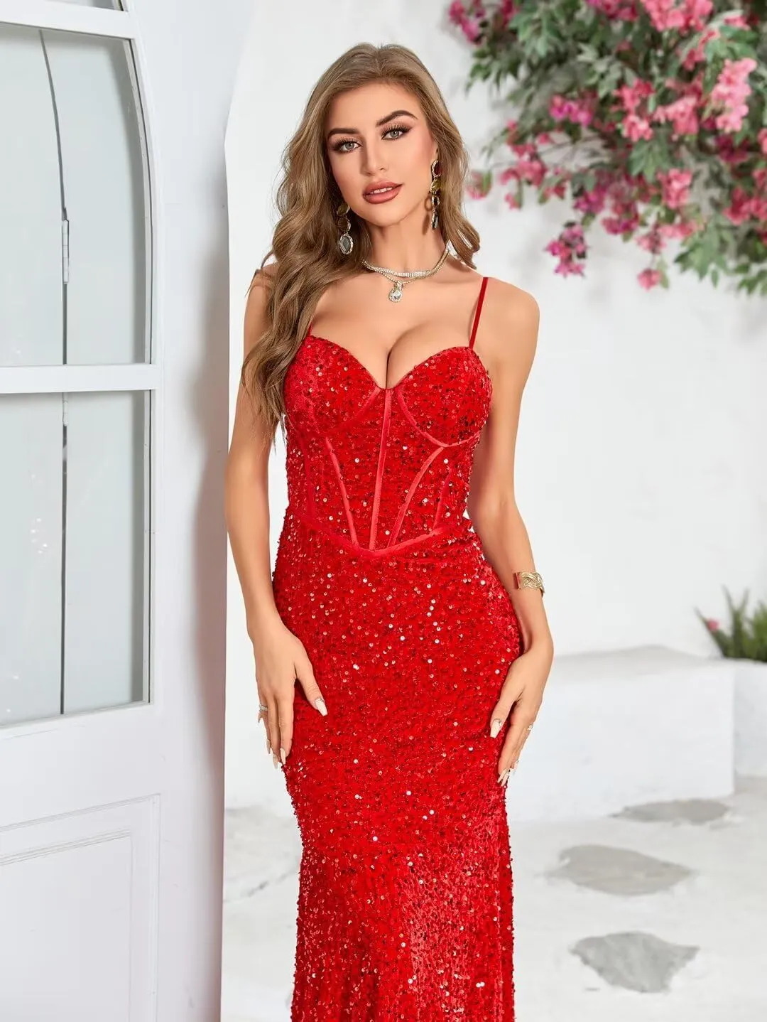 Women's Spaghetti Straps Sequin Corset Prom Dresses Long Mermaid Sparkly Wedding Formal Evening Gowns