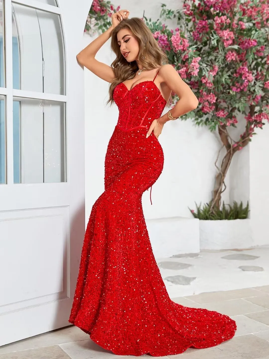 Women's Spaghetti Straps Sequin Corset Prom Dresses Long Mermaid Sparkly Wedding Formal Evening Gowns
