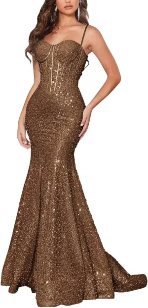 Women's Spaghetti Straps Sequin Corset Prom Dresses Long Mermaid Sparkly Wedding Formal Evening Gowns