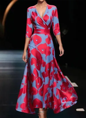 Women's Stylish Red Floral Print Blue Maxi Dress Elegant V Neck 3/4 Sleeve Dress Spring and Summer Cool Outfits