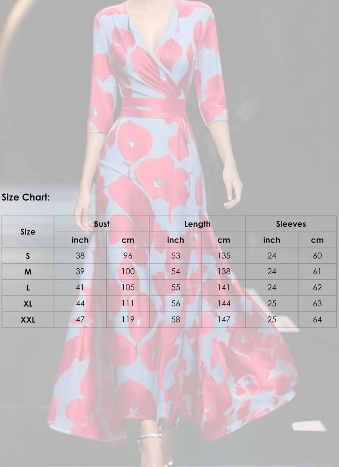 Women's Stylish Red Floral Print Blue Maxi Dress Elegant V Neck 3/4 Sleeve Dress Spring and Summer Cool Outfits