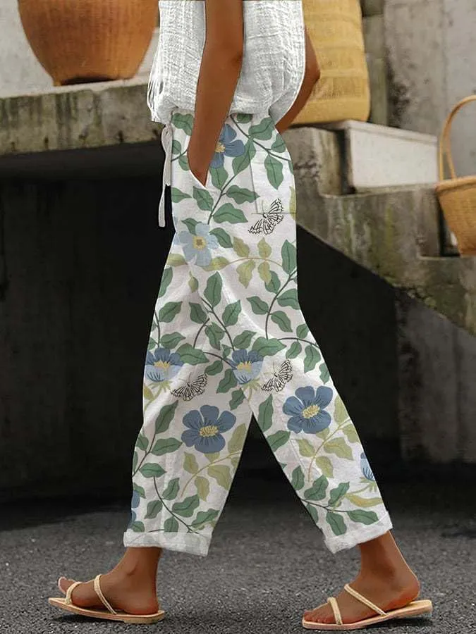 Women's Summer Boho Floral Casual Linen Pants Elastic High Waisted Wide Leg Beach Trousers with Pockets Plus Size