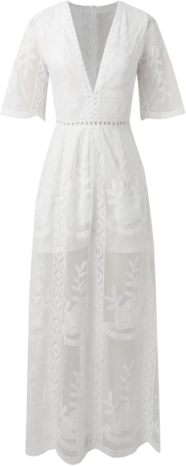Womens Summer Boho Maxi Dress Trendy Lace Sleeveless V Neck Casual Sundress 2025 Loose Flowy Beach Vacation Dresses