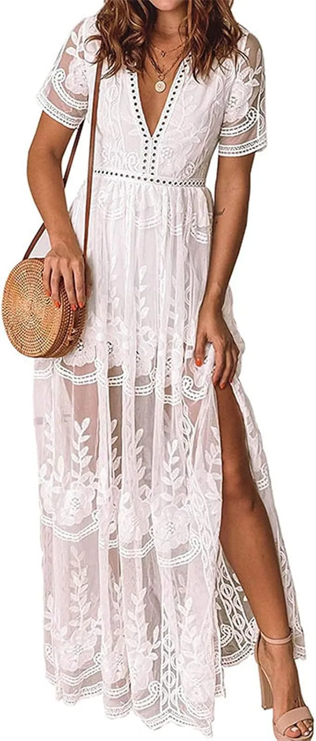 Womens Summer Boho Maxi Dress Trendy Lace Sleeveless V Neck Casual Sundress 2025 Loose Flowy Beach Vacation Dresses