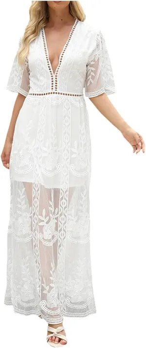 Womens Summer Boho Maxi Dress Trendy Lace Sleeveless V Neck Casual Sundress 2025 Loose Flowy Beach Vacation Dresses
