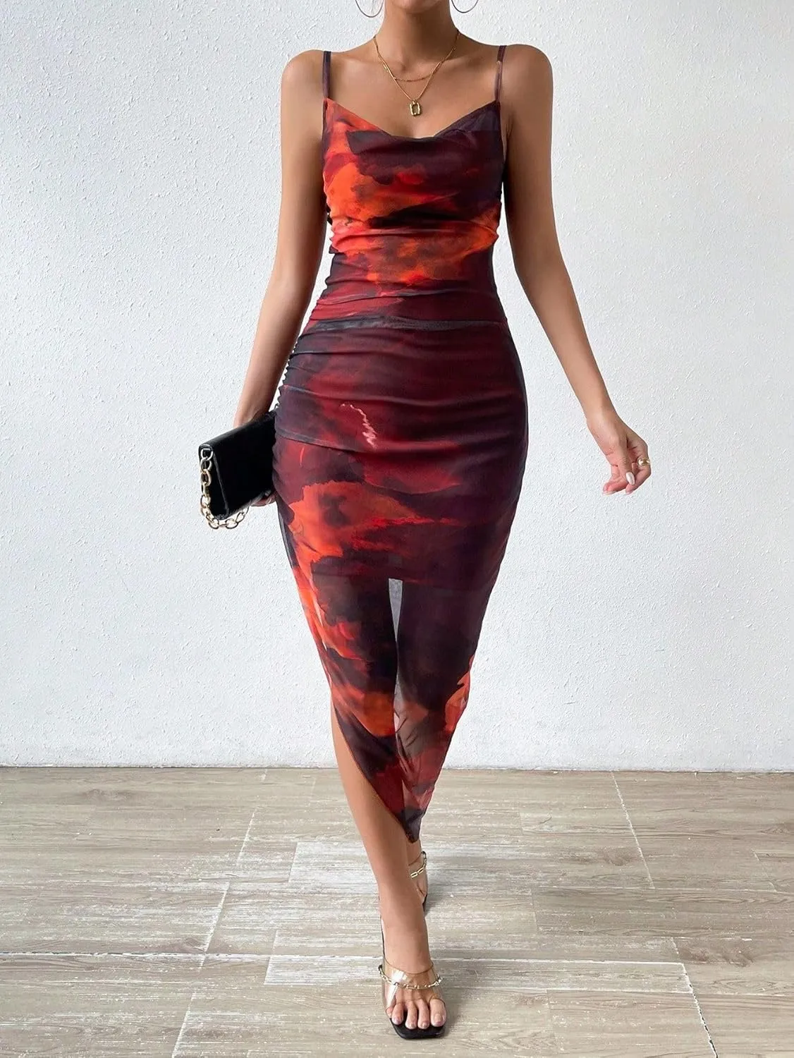 Women's Summer Dress Printed Bodycon Ruched Midi Tie Dye Sexy Cami Side Slit Mesh Layered