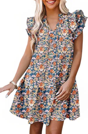 Womens Summer Dresses 2025 V-Neck Drawstring Ruffle Cap Short Sleeve Side Pockets Mini Dress Sundress