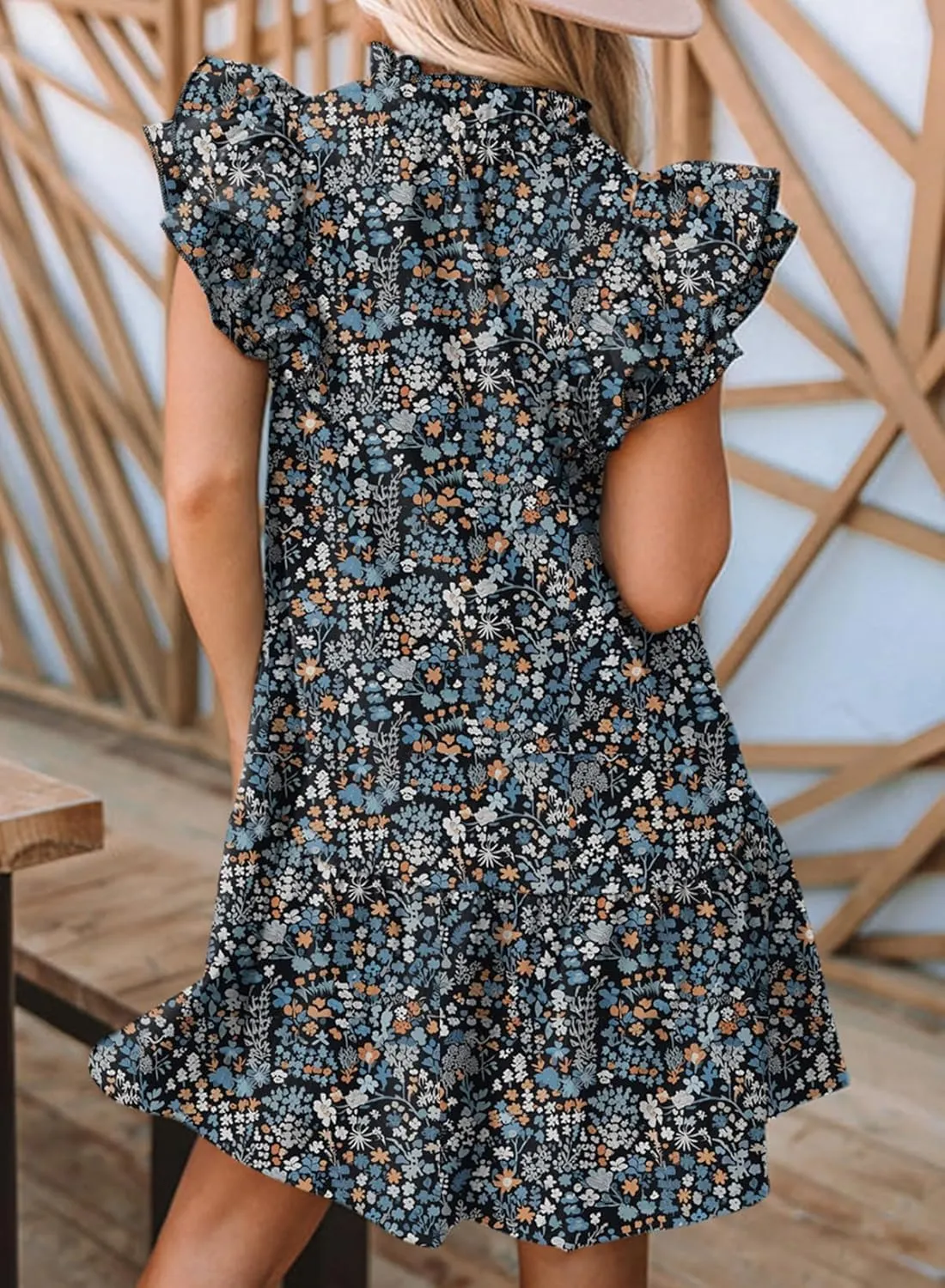 Womens Summer Dresses 2025 V-Neck Drawstring Ruffle Cap Short Sleeve Side Pockets Mini Dress Sundress