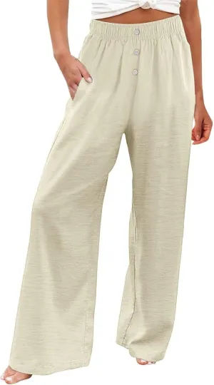 Women's Summer High-Waisted Trousers Button Elastic Waist Wide-Leg Pants Beach Cotton Linen Casual Palazzo Pant