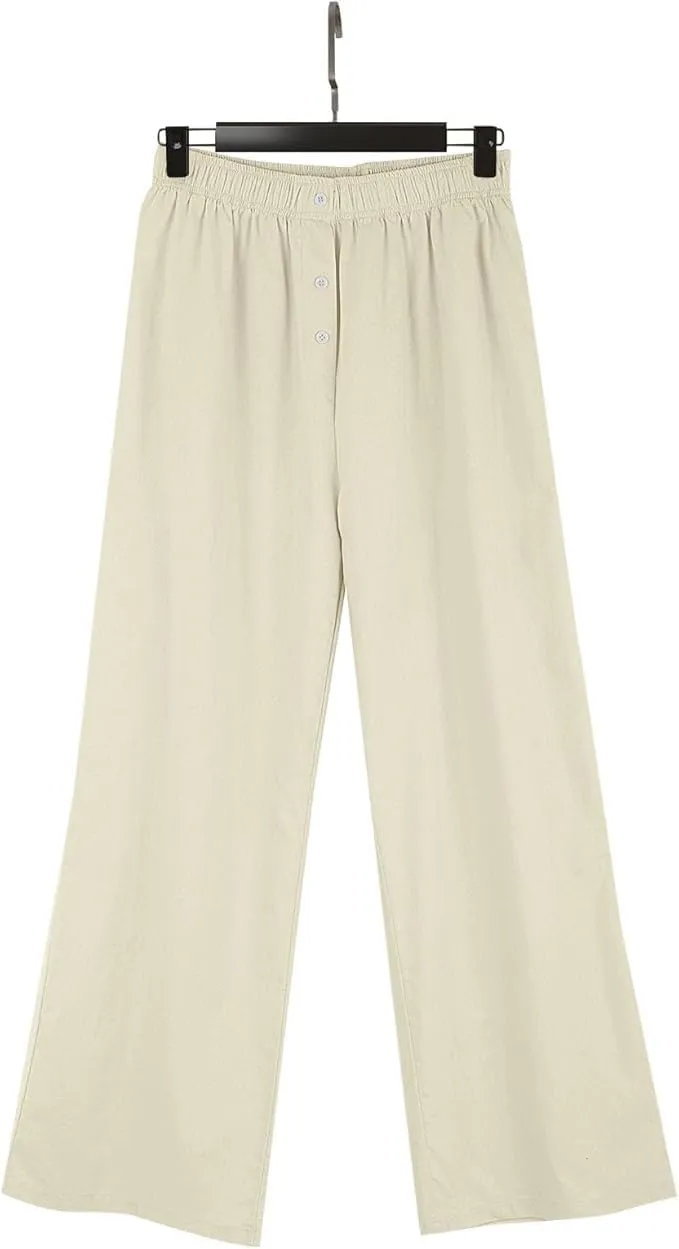 Women's Summer High-Waisted Trousers Button Elastic Waist Wide-Leg Pants Beach Cotton Linen Casual Palazzo Pant