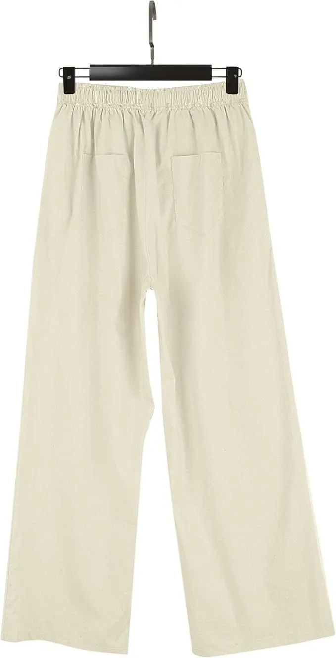 Women's Summer High-Waisted Trousers Button Elastic Waist Wide-Leg Pants Beach Cotton Linen Casual Palazzo Pant