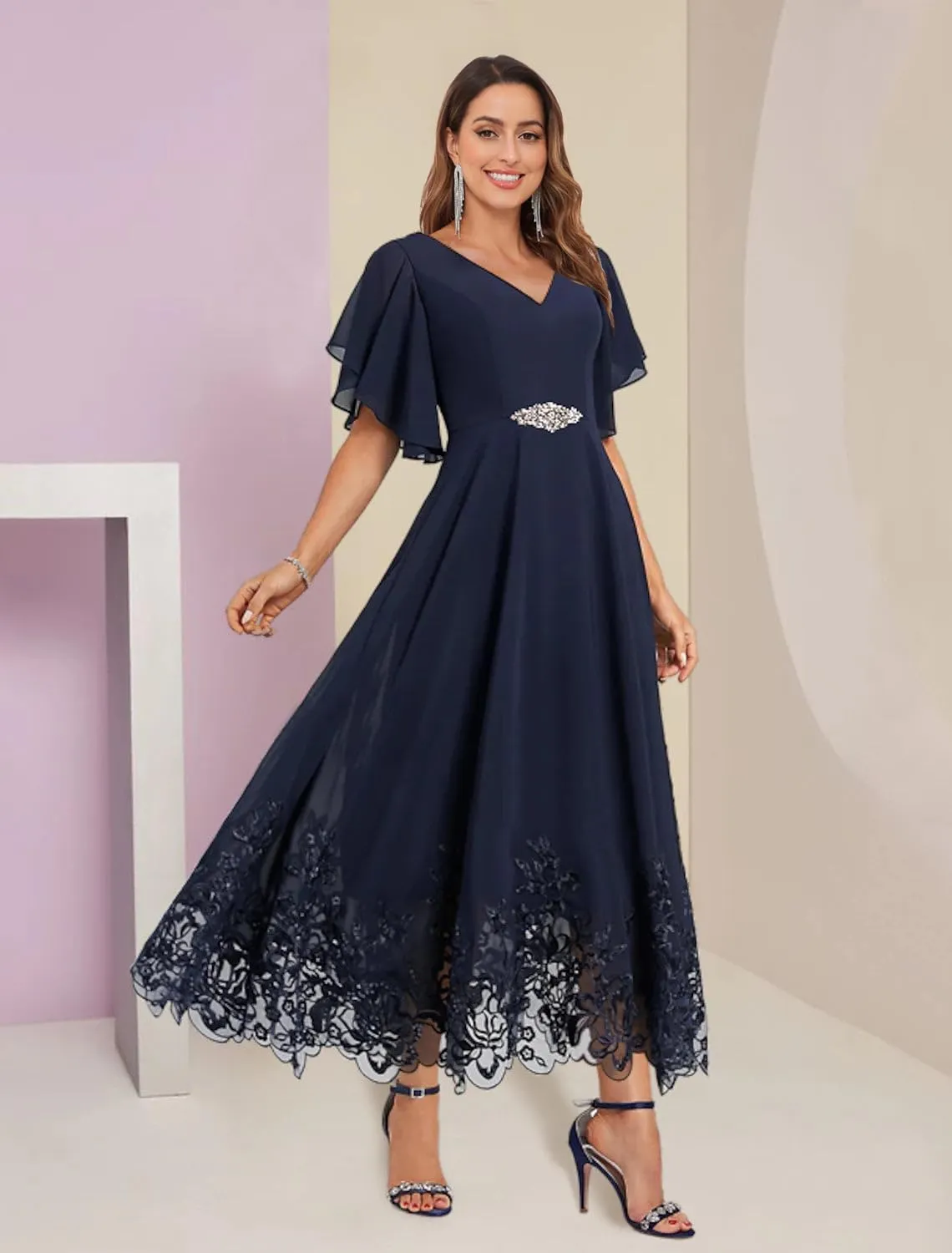 Women's Tea Length Chiffon Mother of The Bride Dresses for Wedding V-Neck Formal Evening Dress with Ruffle Sleeves